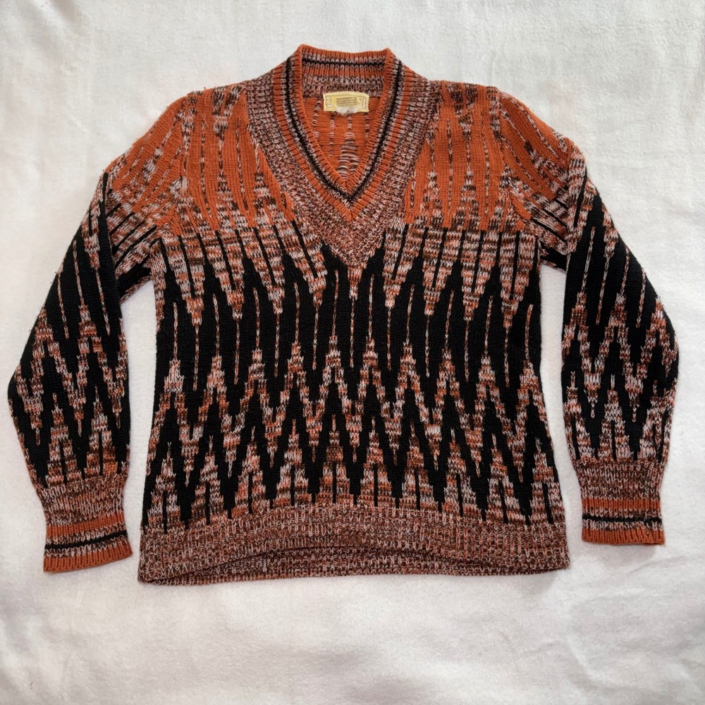 70s Knit Sweater Campari Burnt Orange Black Geometric V-Neck Womens S Boho Retro